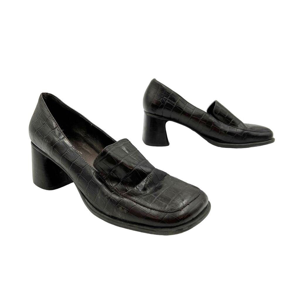 Vintage 90s Parade Croco Pumps Brown Square Toe Chunky Block Heel